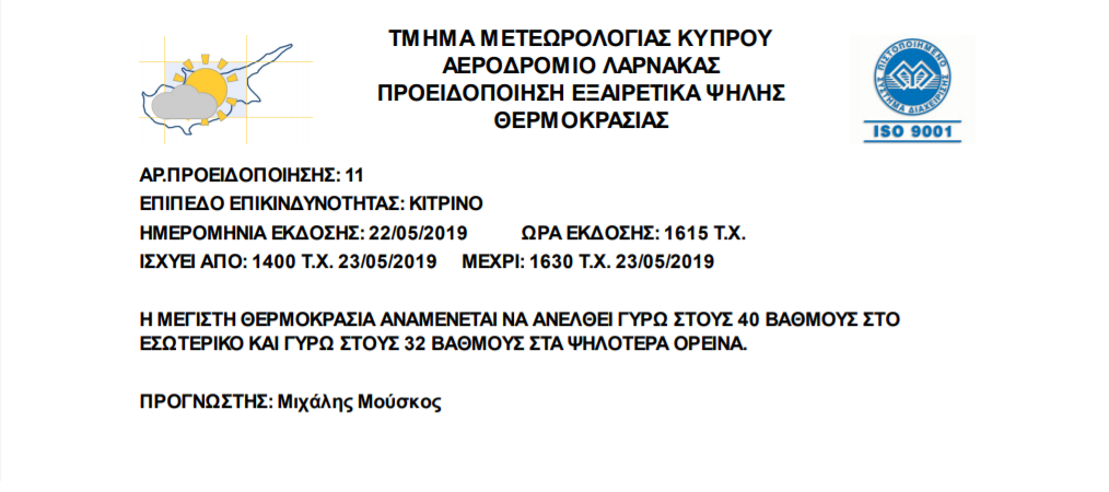 κίτρινη προειδοποίηση για ψηλές θερμοκρασίες